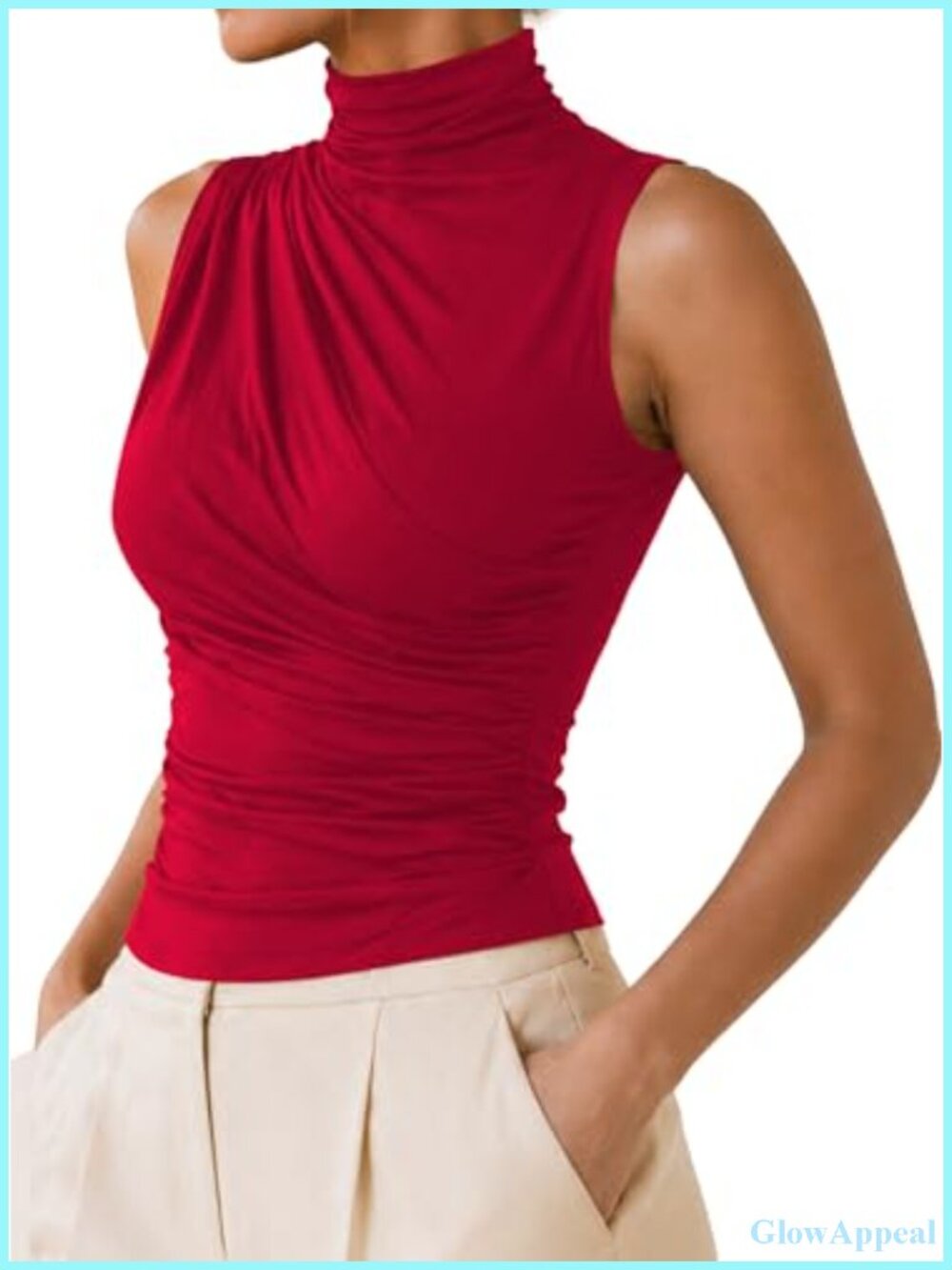 Mock Neck Sleeveless Ruched Tank Top - Women's Fitted Office Blouse